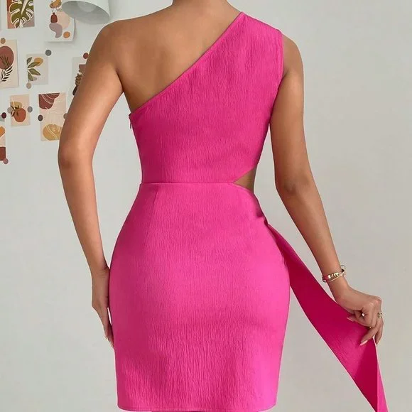 Pink Preppy Womens One Shoulder Cut Out Knot Side Wrap Hem Dress - Picture 3 of 5